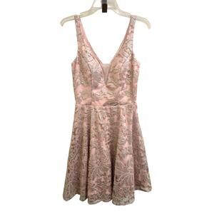MARINA Blush Pink Lace A-Line Midi Dress with Metallic Embroidery